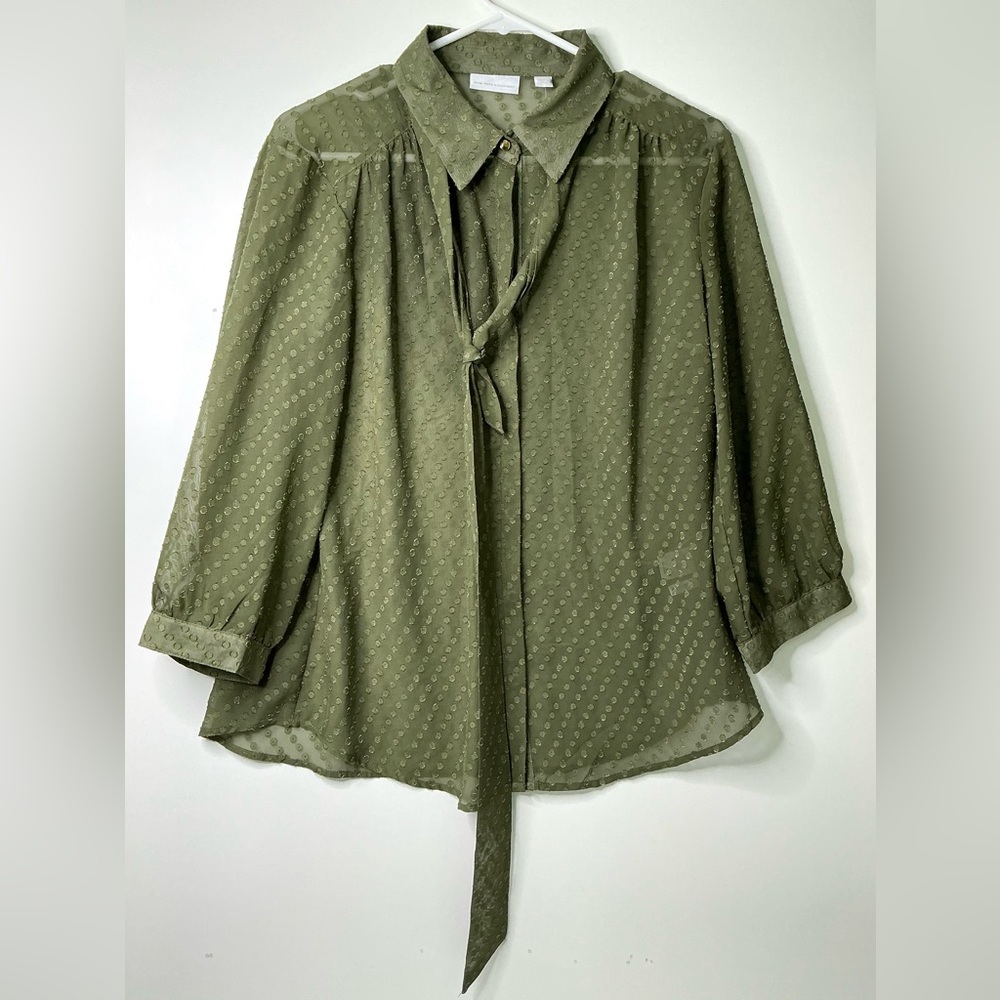 Women's Jones New York Sport Sheer Blouse Women’s Large Green Balloon Sleeves